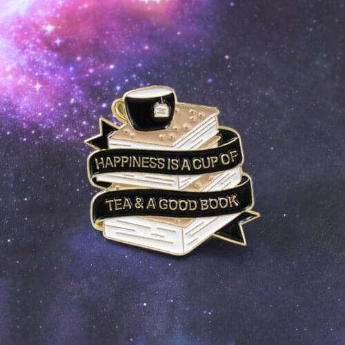 Fashion Trend A Cup Of Tea A Set Of Books Taste Life Personality Creativity Fashion Exquisite Enamel Brooch Ribbon Books Badge