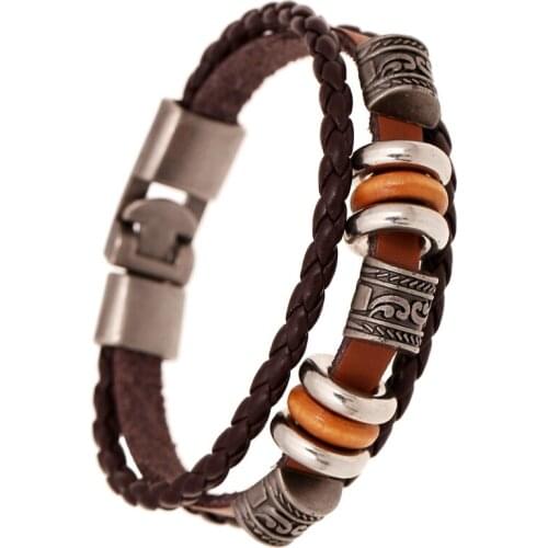 Vintage Lucky Men Leather Bracelet Beads Charm Multilayer Braided Bracelets Bangles Women Pulseira Masculina