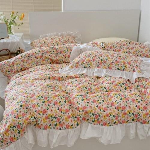 Girls Fresh Flowers Bedding Set Ultra Soft 100%Cotton Vintage Floral Ruffles Duvet Cover Bedsheet Pillowcases Twin Queen size