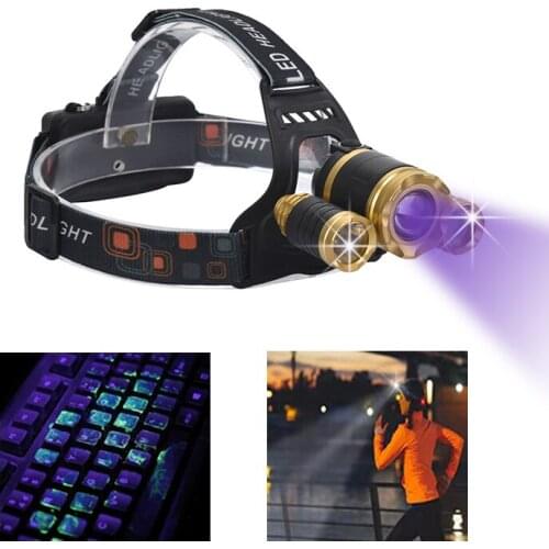 Portable 18650 Battery Rechargeable Headllight Adjustable Zoom Headlamp 4-Mode White & UV Light Head Torch For Camping Fishing