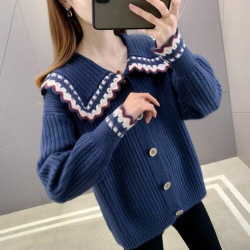 2021 Spring New Knitted Sweater Loose Sweet Doll Collar Cardigan Womens Outer Style Jacket Fashion Korean Version Splicing