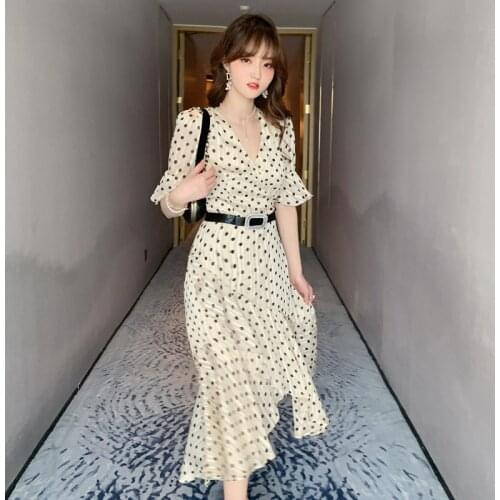 New arrival fashion dress women elegant summer vintage dot thin dress office lady temperament v-neck flare sleeve a-line dress