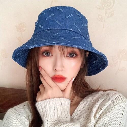 Japanese Style Fashion Summer Hip Hop Crochet Woman Lattice Beach Sun Hat Vintage Casual Street Washed Jean Brim Bucket Cap