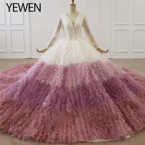 Gradient White Pink V-Neck Long Sleeve Luxury Wedding Dresses 2020 Sequin Beading Tiered High-end Bridal Gown Custom Made YEWEN
