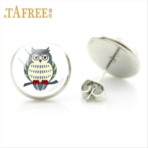TAFREE Childrens Day Gift Souvenir Cartoon Lovely Owl Stud Earrings Animal Picture Glass Cabochon For Childens Jewelry FQ142