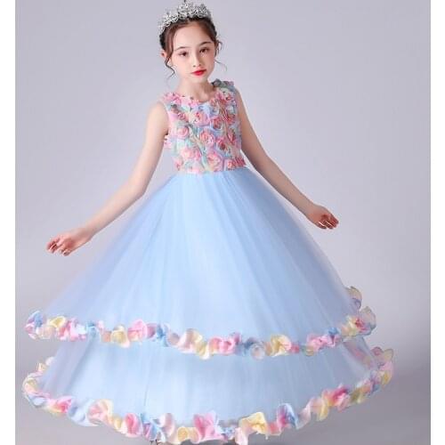 Teenagers Summer Long Flower Girl Party Dresses Kids Elegant Wedding Tutu Prom Dress Children Princess Bridesmaid Formal Dress