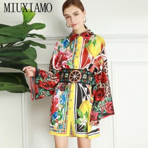MIUXIMAO 2021 Spring Summer Fashion Turn Collar Dia Flower Leopard Print Long-sleeved Loose-fitting Party Short Dress Vestidos