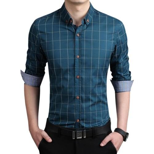 Plus size M-5XL plaid mens shirts slim fit cotton mens dress shirts male clothes social long sleeve casual shirt men