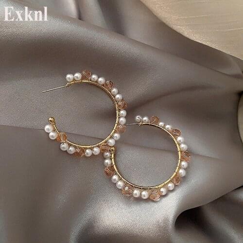 Exknl Boho Imitation Pearl Hoop Earrings Women Rhinestone Fashion Round Circle Big Earrings Korean Jewelry Vintage Earrings