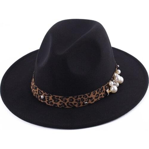 Wide brim jazz hat autumn winter ladies pearl big brim fedora hat fashion leopard woolen hat women panama hat