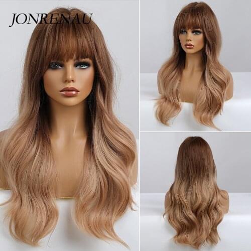 JONRENAU Long Curly Wave Synthetic Wigs Ombre Brown to Blonde Hair Wigs with Bangs for White/Black Women Party or Daily