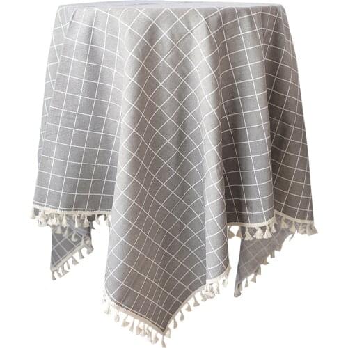 Cotton Linen Nordic Grey Checkered Rectangular and Round Tablecloth with Fashion Tassel Thick Meal Cloth Pad for Tea Table