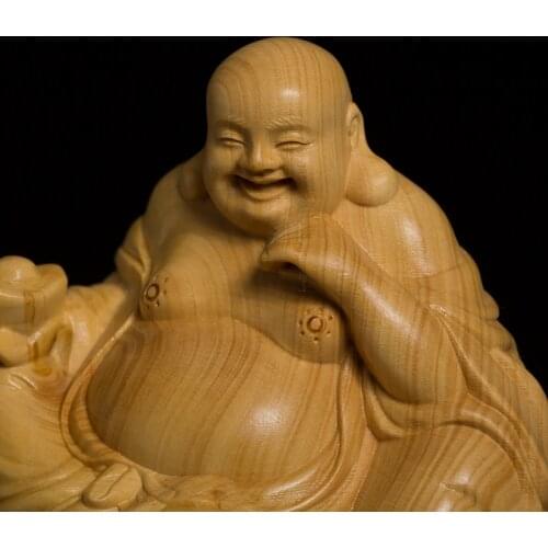Boxwood 8cm Maitreya Sculpture Wood Carving Laughing Buddha Statue Home Decor