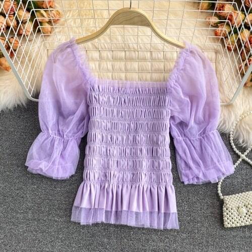 Super Fairy Foreign Style Square Collar Chiffon Shirt Women 2021 Summer New Korean Style Short-sleeved Temperament Waist Puff