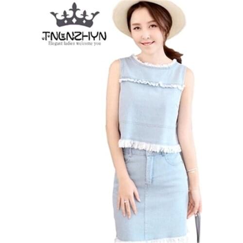 TNLNZHYN 2019 Girls Womens Jeans Suits Fashion 2 Pcs Skirts Suits Sleeveless Denim Skirts Set Hot Summer Suit 2 Piece Set Y129