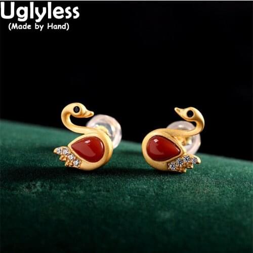 Uglyless Elegant Lady Swan Studs Earrings for Women MINI Agate Animals Jewelry Crystals Gold Brincos 925 Silver Swans Earrings