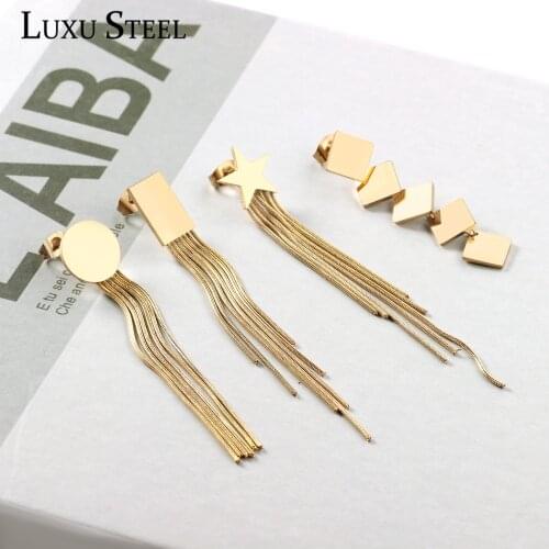 LUXUSTEEL High Polish Stainless Steel Round Square Star Shape Drop Earings Women Girl Classic Style Tassel Earring Jewelry Brinc