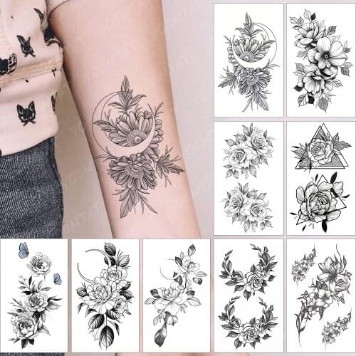 Waterproof Temporary Tattoo Sticker Black Arm Wrist Simple Line Daisy Flowers Moon Flash Tatoo Fake Tatto For Body Art Women Men