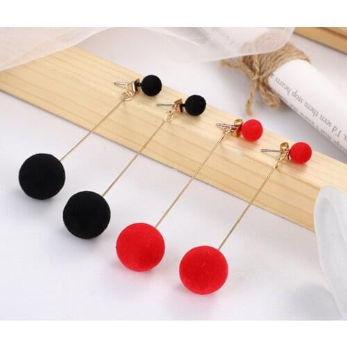 Fashion Red Black Plush Ball Drop Earrings For Women Korean Velvet Round Long Tassel Dangle Earrings Statement Jewelry