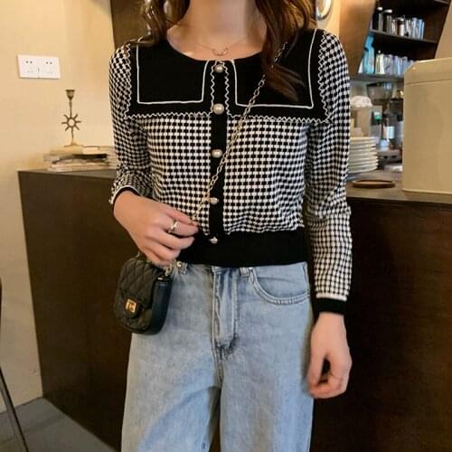 Plaid Peter Pan Collar Jumpers Striped Y2k Tees Pullover Tshirt Knitting Long Sleeve Tops Sueter Mujer Female Vintage Clothing
