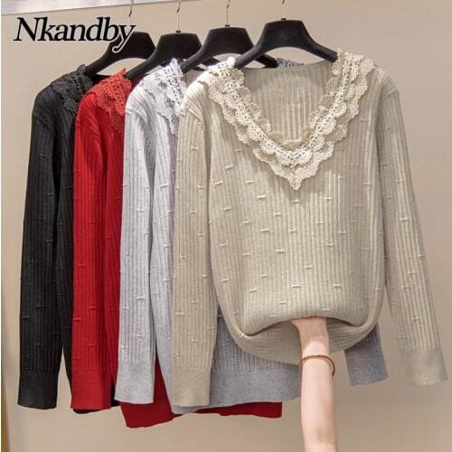 Nkandby Plus Size V-neck Knitted Sweaters Women 2021 Autumn Long Sleeve Jumpers Hollow Out Floral Oversized Basic Knitwear Tops