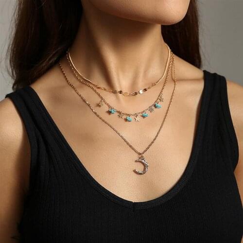 Vintage Multilayer Pendant Necklace Women Gold Color Beads Moon Star Crescent Choker Necklaces Jewelry