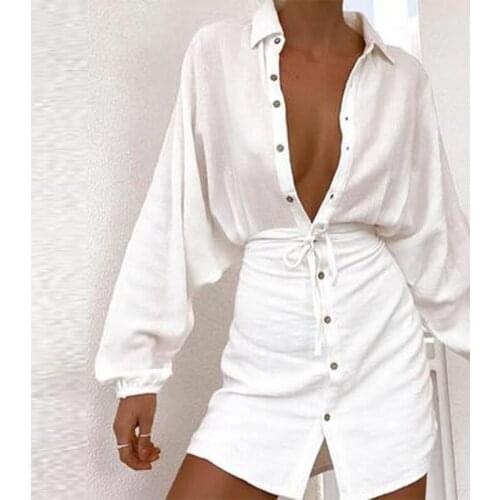 Womens Solid Single Breasted Mini Dress Turn-Down Collar Lace-Up Dresses Long Sleeves Slim For Women Casual Summer Autumn 2021