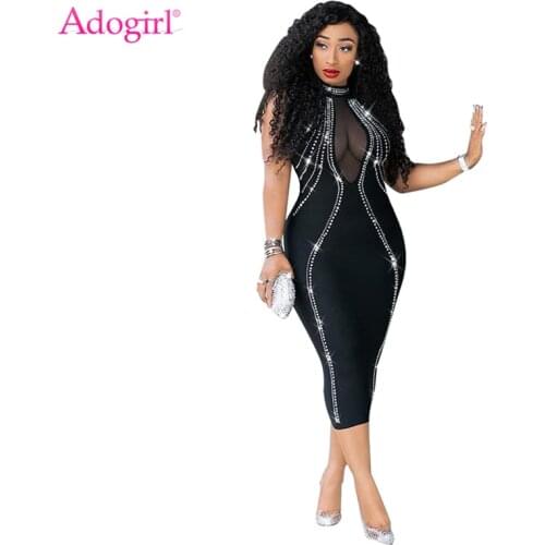 Adogirl Diamonds Women Sexy Dress Sheer Mesh Patchwork Halter Backless Bodycon Midi Night Club Party Dresses Fashion Vestidos