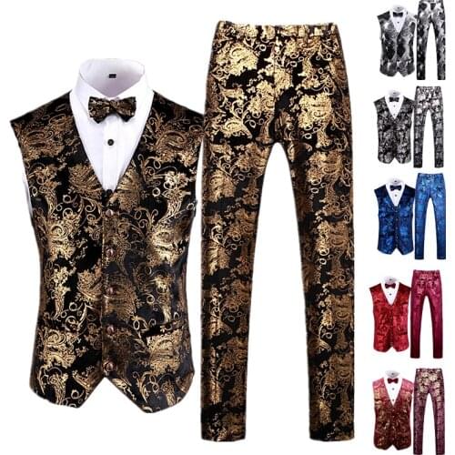 Gold Wedding Party Dress 2-Piece Set Luxury Men Vest and Pants Plus SIZE S-5XL Blue, Black, Silver Red Waistcoat Men