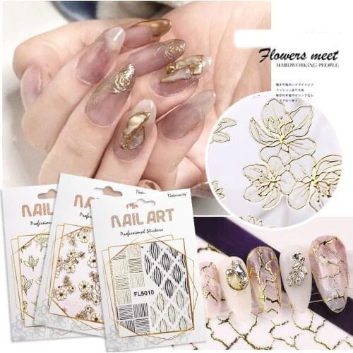 1PCS 3D Nail Stickers Adhesive Transfer Sticker Decals Gilded Curve Flowers Geometric Image Nail Art Decorations Accessories