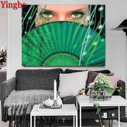 5D DIY Full Diamond Painting Beautiful eyes with green fan Mosaic Diamond Embroidery Cross Stitch Kits Valentines Day present