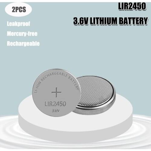 2pc 3.6V LIR2450 Rechargeable Batteries 120mAh 500 Times Lithium Coin Cell Button Battery Replaced CR2450 High Quality New