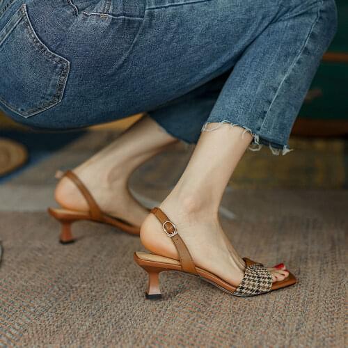 Apanzu 2021 Summer Shoes Women Square Toe Thin Heel French Open Toes Sandals Women Houndstooth High Heel Sandals for Women