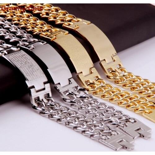 Granny Chic Hot Sell Mens Fashion Silver/Gold Stanless Steel Wide Spanish Bible ID Double Link Chain Bracelet
