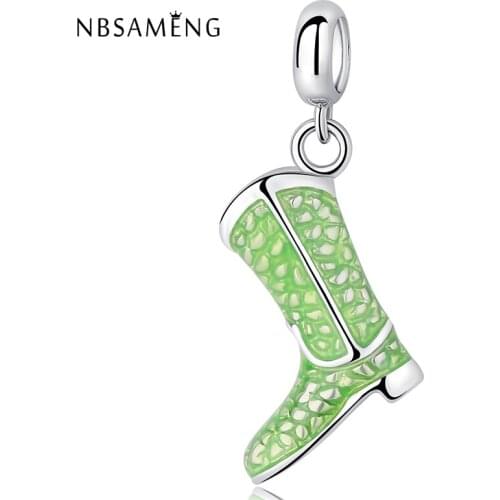925 Sterling Silver High Pink & Green Boots Shoes Charm Beads Fit Charm Bracelet Bangle DIY Jewelry Accessories Gift