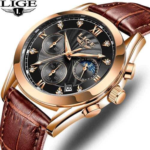 LIGE New Fashion Men Watches Analog Quartz Wristwatches 30M Waterproof Chronograph Sport Date Leather Band Watches montre homme