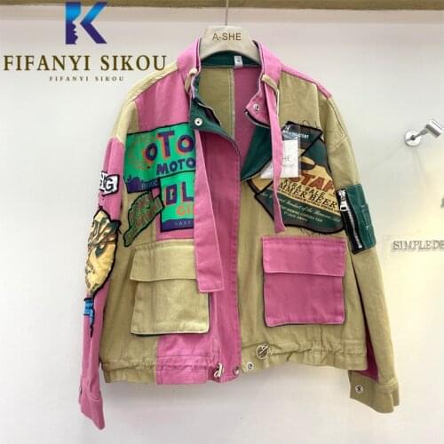 Jeans Jacket Women 2021 New Letter Print Fashion Patchwork Pocket Short Denim Jackets Streetwear Loose Zipper Jeans Coat Female