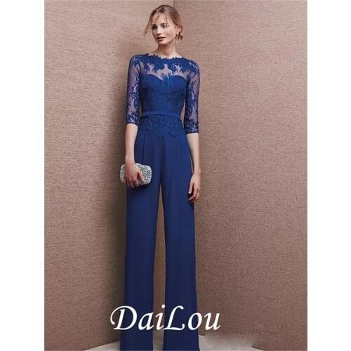 Pantsuit / Jumpsuit Mother of the Bride Dress Elegant See Through Jewel Neck Floor Length Chiffon 3/4 Length Sleeve with 2021
