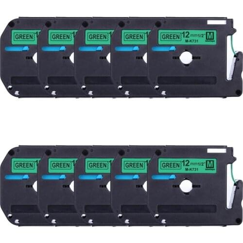 Label World 10PACK label tape Compatible Brother M-K731 Black on green 12mm laminated strong adhesive label tape for PT-80 PT-70