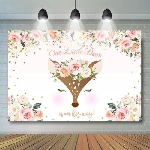 Baby shower Backdrop deer Photography Backdrop girl floral Backgrounds One little Deer is on her way Background Photobooth