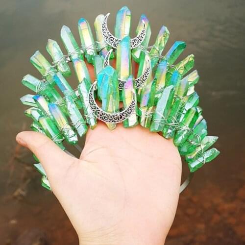 Q1QA Quartz Green Crystal Crown Handmade Head Hoop Luxury Head Accessory Gothic Baroque Vintage Headwear for Festivals