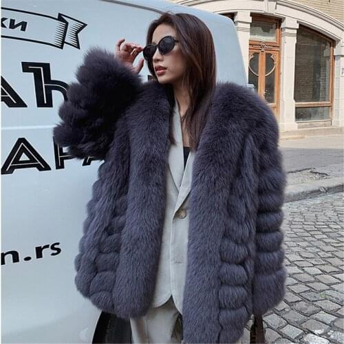New Real Fox Fur Coat Sexy Womens Jackets High Quality Splicing V-neck Outerwear Winter Warm Genuine Leather Winter Clothes