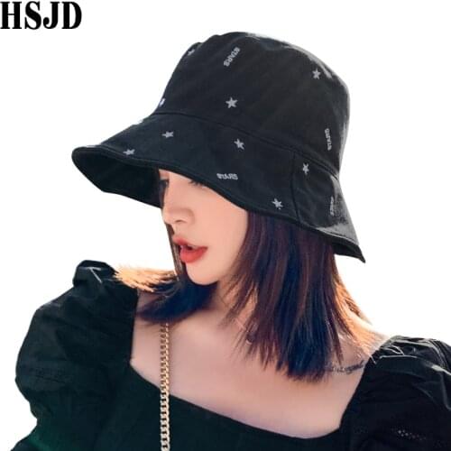 2020 New Embroidery Stars Street Hip Hop Bucket Hats Fishing Cap Wide Brim Anti-UV Women Summer Caps Fashion Female Panama Hat