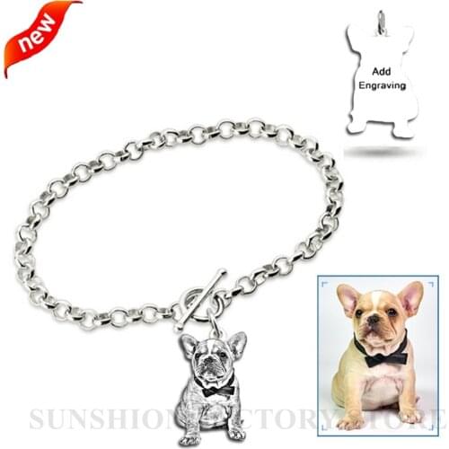Custom 925 Sterling Silver Pet Bracelet Personalized Jewelry Pet Portraits and Name Bracelet Personalize Pet Charm Bangle