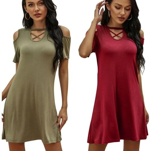 Womens Short Sleeve T-shirt Dress Fashion Casual Sexy Hollow Out Off Shoulder Loose Midi Dress Solid Color