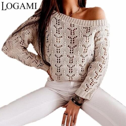 LOGAMI Beach Overalls Hollow Knit Sweater Bat Sleeve Pullover Sweater Women Sexy Jumper
