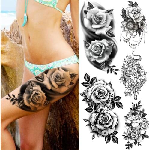 Realistic Rose Flower Temporary Tattoos For Women Thigh Adult Peony Florals Snake Pendant Fake Tattoo Sexy Water Transfer Tatoos