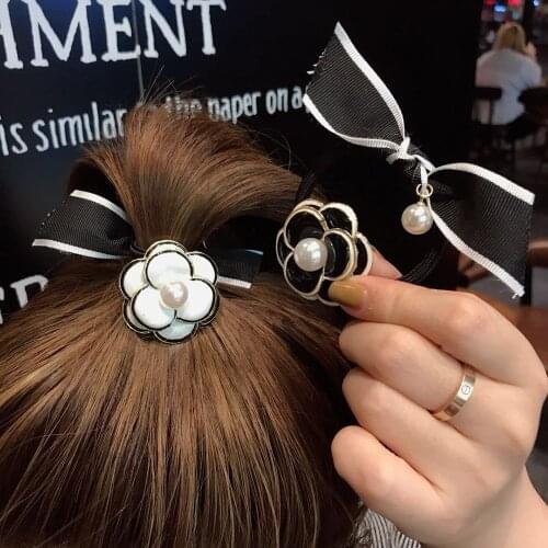 Korean Girl Simple Camellia Flowers Elastic Hair Bands Bow Tie Imitation Pearl Women Fashion Ponytail Holder Hair Accessories