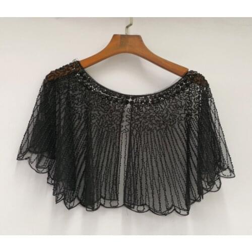 Vintage Womens 1920s Beaded Shawl Paisley Striped Art Deco Black Cape Bolero Flapper Cover Up Sheer See-Through Mesh Scraf