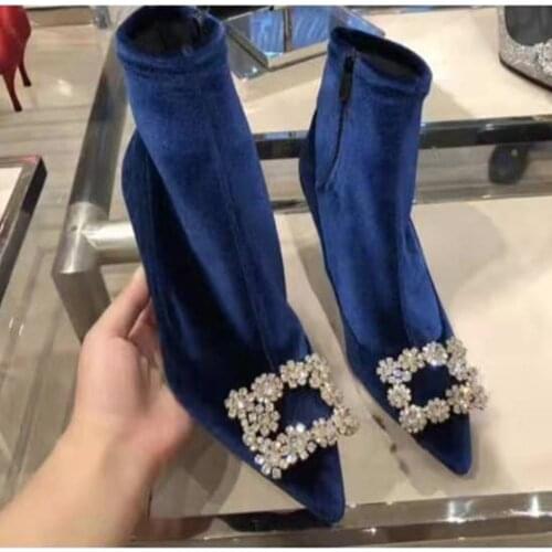 Womens Pointy Toe Velvet Silk Real Leather Rhinestones Buckle Ankle Boots Stilettos High Heel Shoes 4Styles New 2021